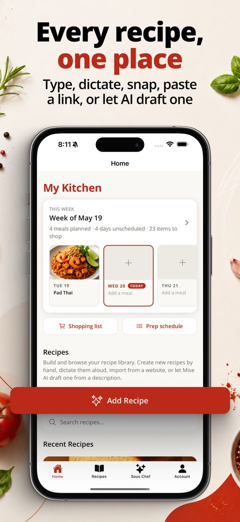 Mise app screenshot — every recipe in one place: type, dictate, snap, paste a link, or let AI draft one